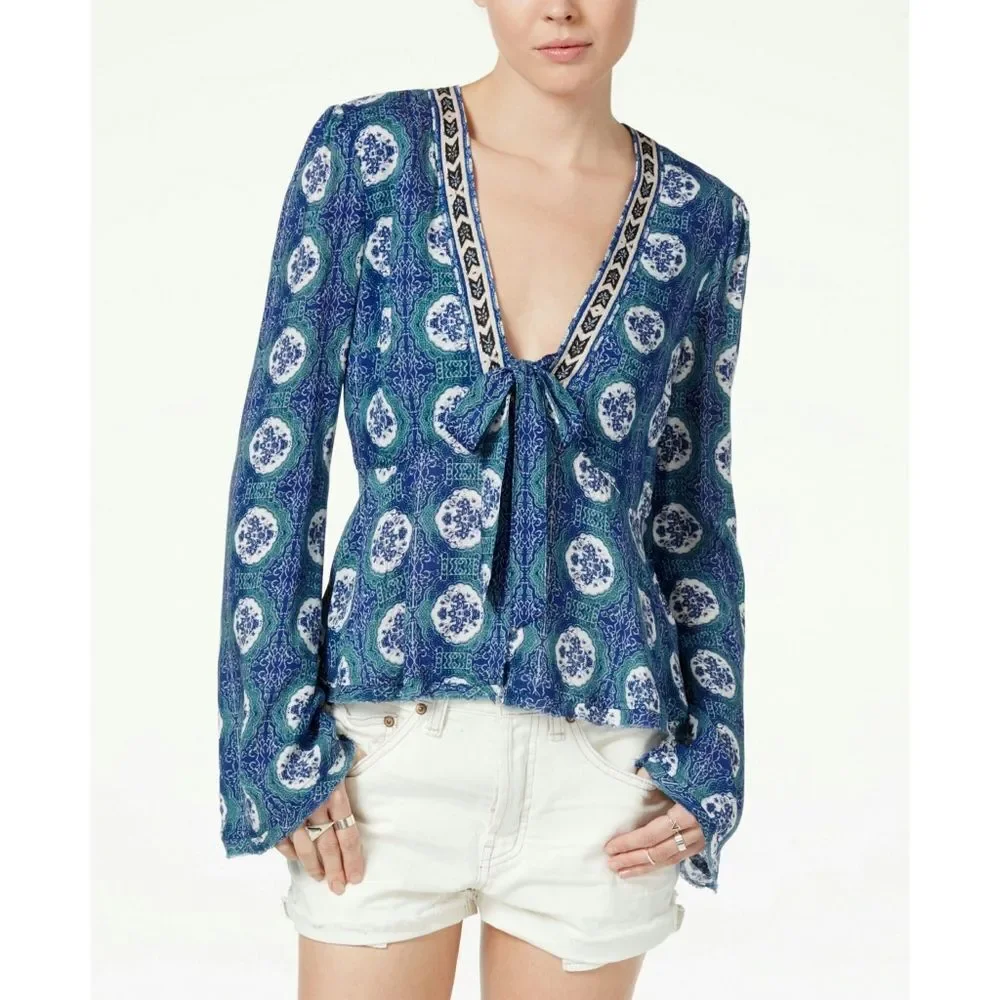 New! FREE PEOPLE Women's V-neck Tie-front Bell Sleeve Top Boho Style Blue